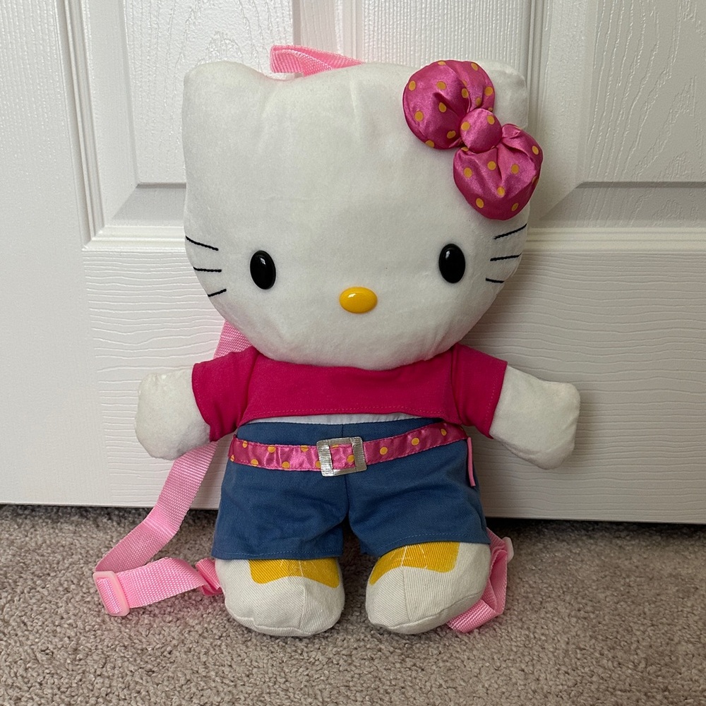 Hello Kitty Plush Backpack Toy with Pink and Blue Outfit